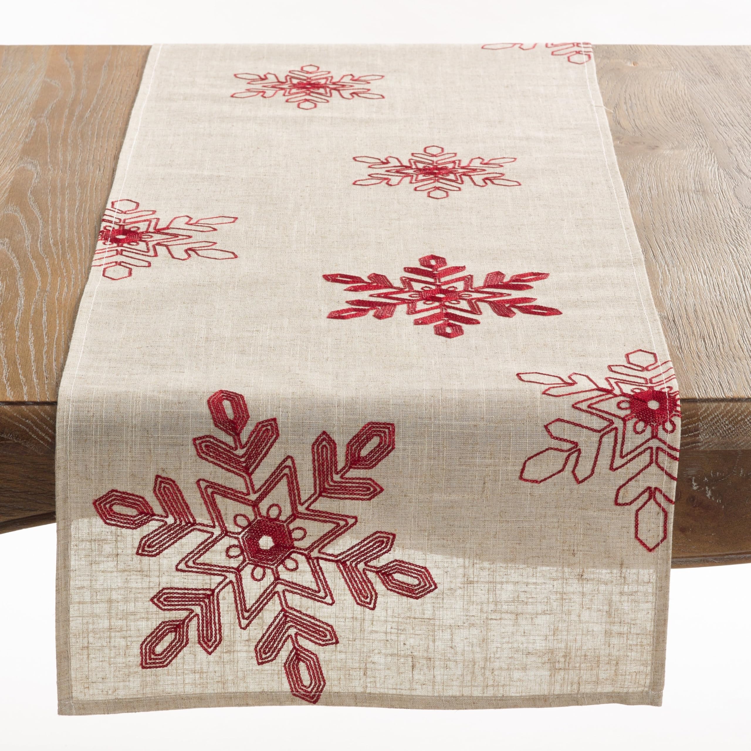 SARO LIFESTYLE 70197.R16108B Nivalis Collection Snowflake Embroidered Table Runner, 100% Polyester, red