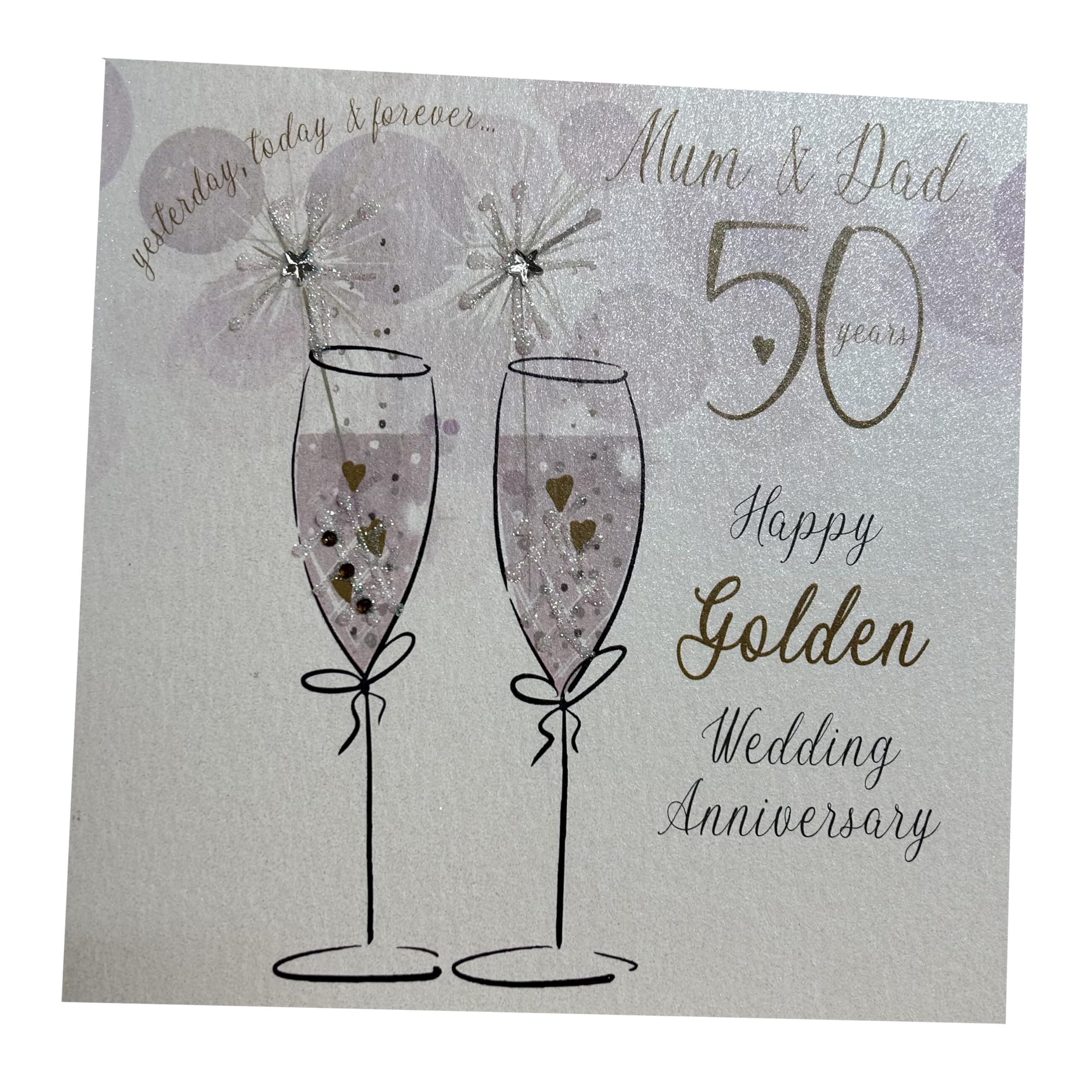 WHITE COTTON CARDS Champagne Flutes Mum & Dad On Your Golden Handmade 50th Anniversary Card, White, P50M,16cm x 16cm