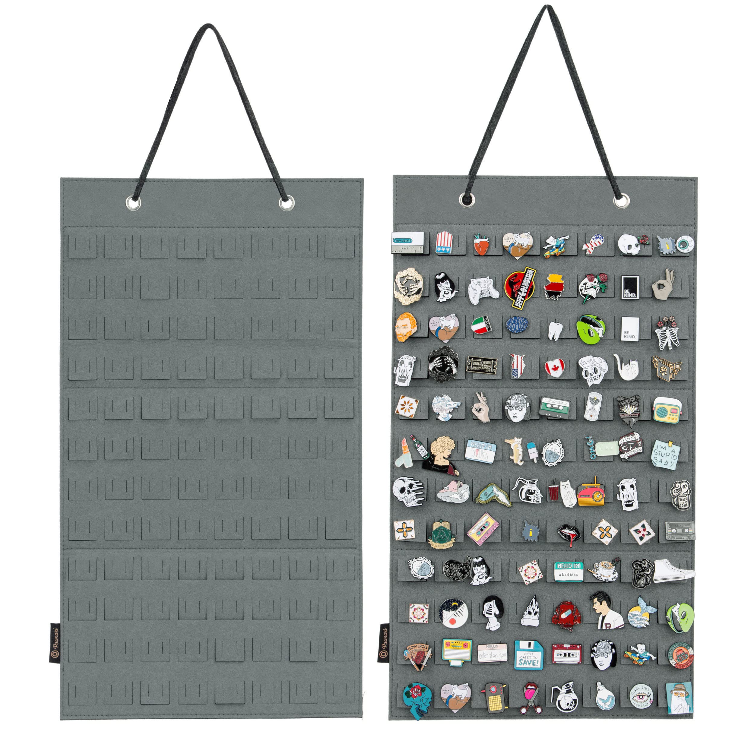 PACMAXI Hanging Brooch Pin Organizer, Display Pins Storage Case, Brooch Collection Storage Holder, Holds Up to 96 Pins.(Not Include Any Accessories) (S-96 Slots, Grey)