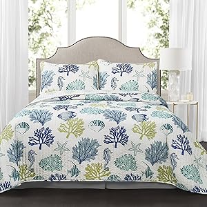 Lush Decor Reversible 7 Piece Bedding Set with Feather Seashell Design-Full Queen-Blue and Navy Coastal Reef Quilt, Navy & Blue