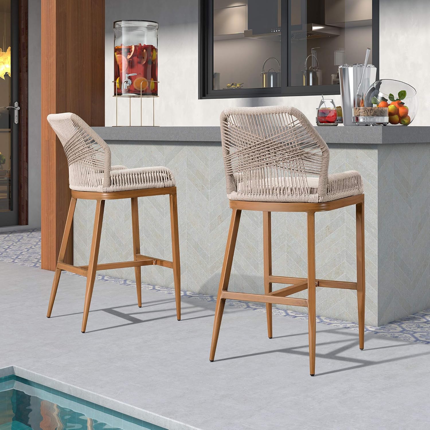 PURPLE LEAF Outdoor Bar Stool Chair Set of 2 Counter Height Bar Stool Chairs Modern Patio Metal Stools with Backrest and Arm, Cushions Included: Kitchen & Dining