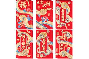 TEMOGOLE Chinese New Year Red Envelopes Snake,Hongbao 2025,Heavy Duty Lucky Money Pockets Of Chinese Lunar Year,红包 Red Money Envelopes For Cash With 6 Gold Embossed Patterns 24Pcs