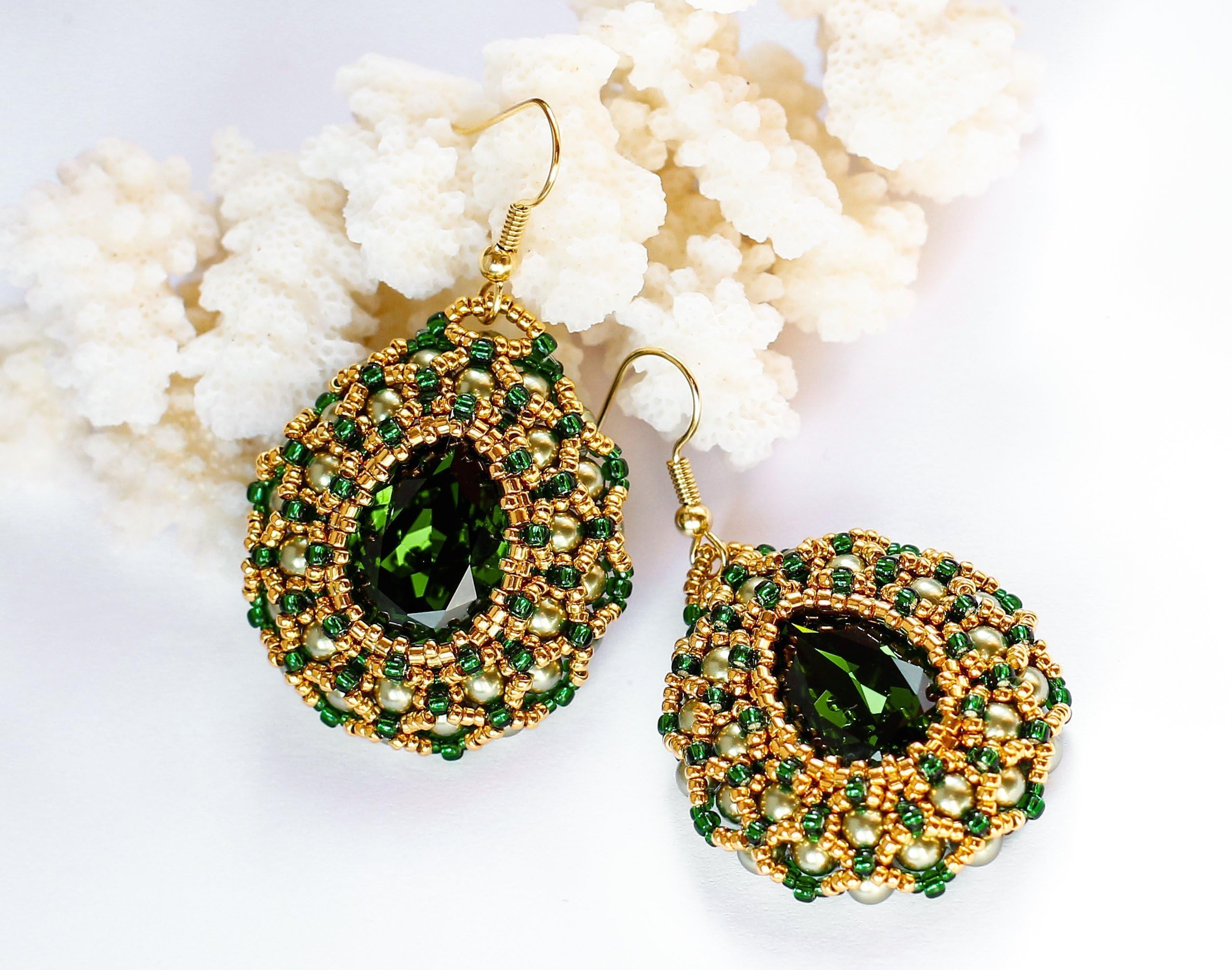 E42 Handmade 24k Gold plated Pear Dangle Drop Earrings with Green Swarovski Crystals Fashion statement jewelry Gift for woman Birthday gift for mom