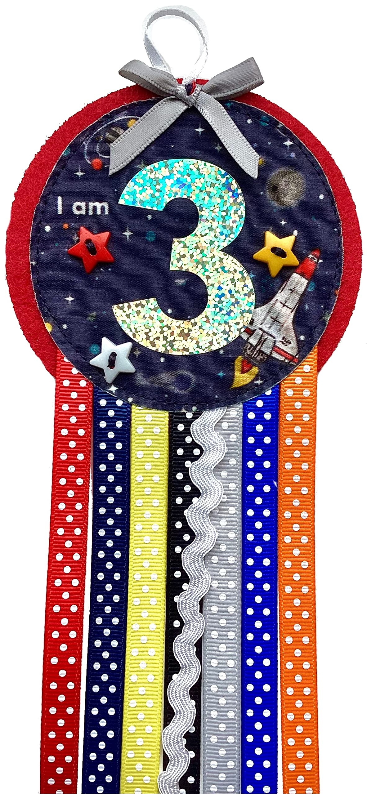 Ditsy Rosettes Space Shuttle Rockets Birthday Rosette Badge - Age 3, 4, 5, 6, 7, 8, 9 - Perfect Party Gift card – Birthday Boy, Birthday Girl (Age 3)