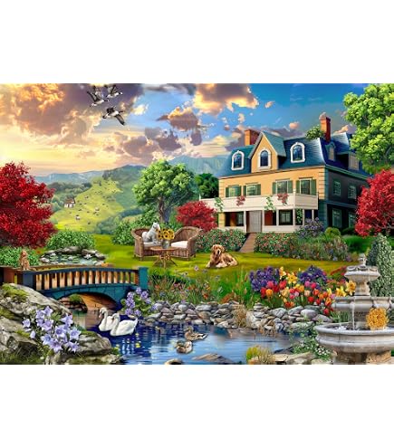 Bunte Bibliotheks-Garten Puzzle 1000 Teile – Motiv Mit Büchern, Katze, Hund Und Blumen Für Erwachsene