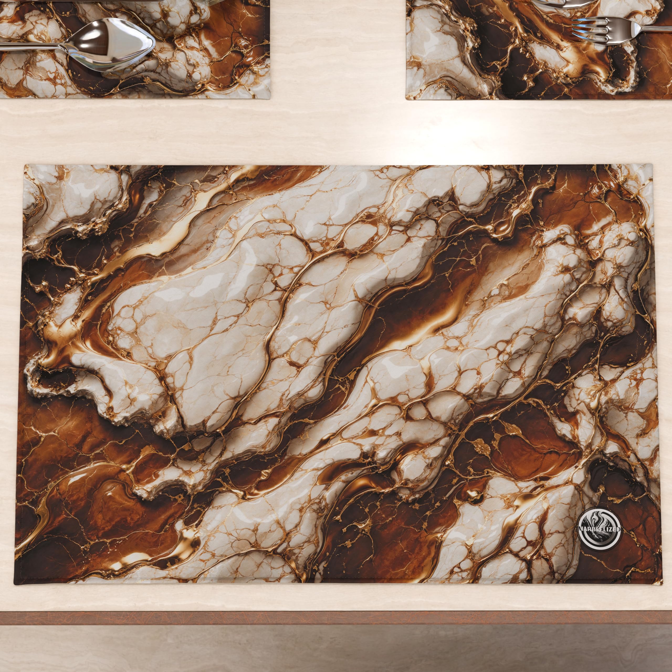 MARBLELIZED - Washable American Placemats, Brown Marble Effect Fabric Placemats, Set of 6 (30 x 45 cm) - Elegant, Ideal for Breakfast, Lunch and Dinner, Gift Idea, 100% Made in Italy