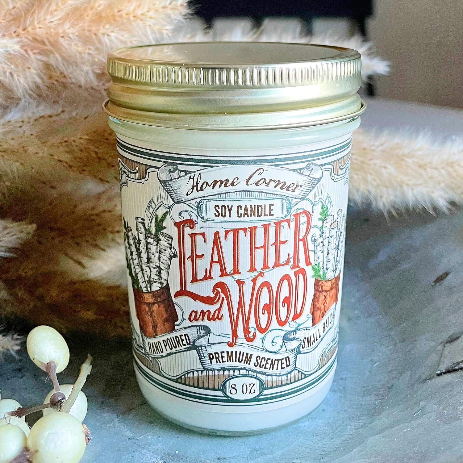 Home Corner Candles – Leather and Wood - Scented Soy Jar Candle - Great Gifts for Men and Home Décor - Hand Poured in The USA - Highly Scented & Long Lasting Burn Time - 8 oz: Home & Kitchen