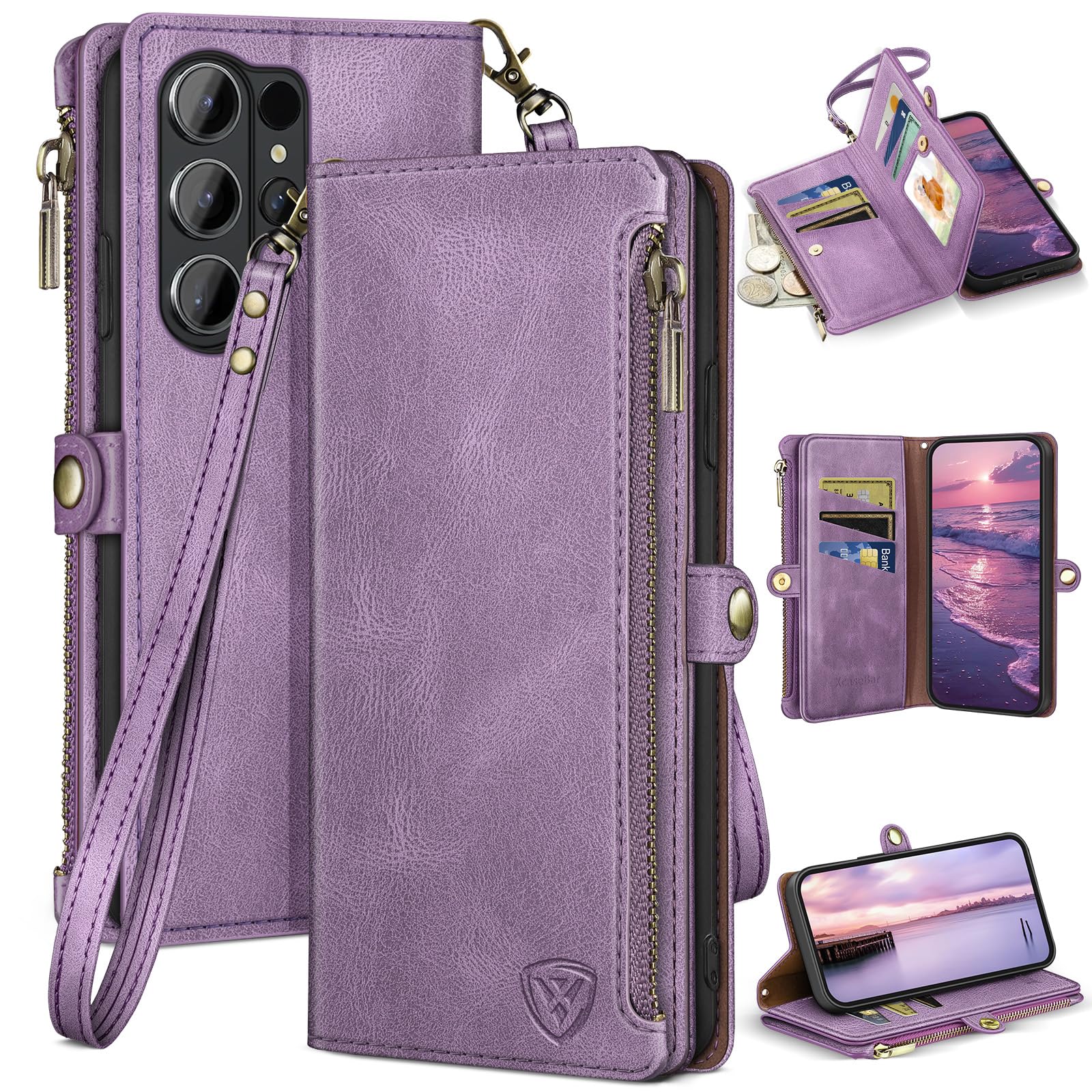 XcaseBar compatible with ‌Samsung Galaxy S26 Ultra Wallet case with Zipper Credit Card Holder【RFID Blocking】,Flip Folio Book PU Phone case Shockproof Cover Women Men for S26 Ultra case Lilac Purple