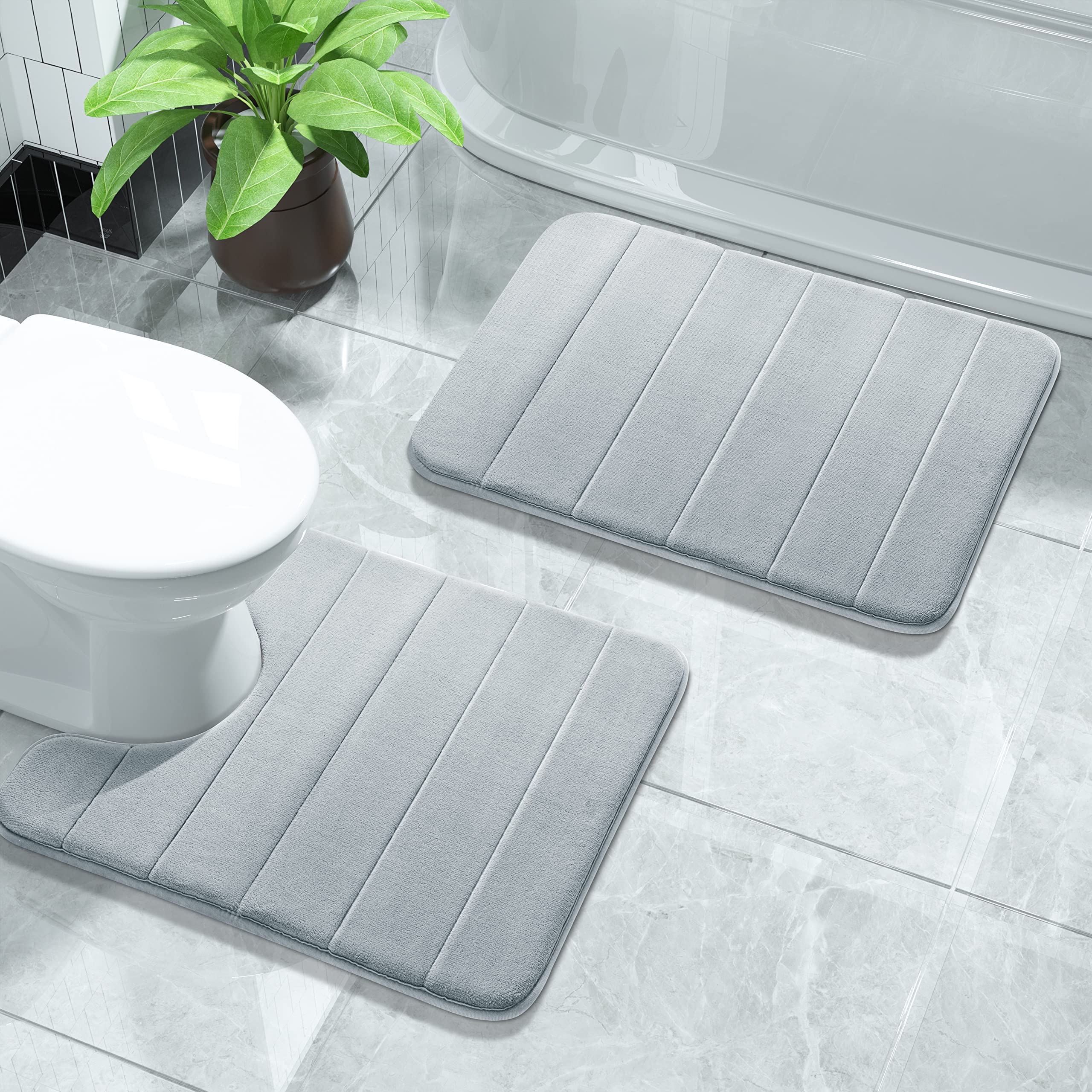 Yimobra Memory Foam Bath Mat Set, 2 Piece Soft Bathroom Rugs, 43x61 cm and 61x52 cm U-Shaped Rugs, Toilet Mat, Water Absorption, Non Slip, Thick, Dry Fast for Bathroom Floor Mat, Silver