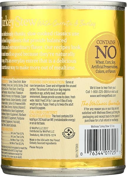 WELLNESS NATURAL PET FOOD GRAIN FREE WET CANNED DOG FOOD, TURKEY STEW, 12.5 OZ