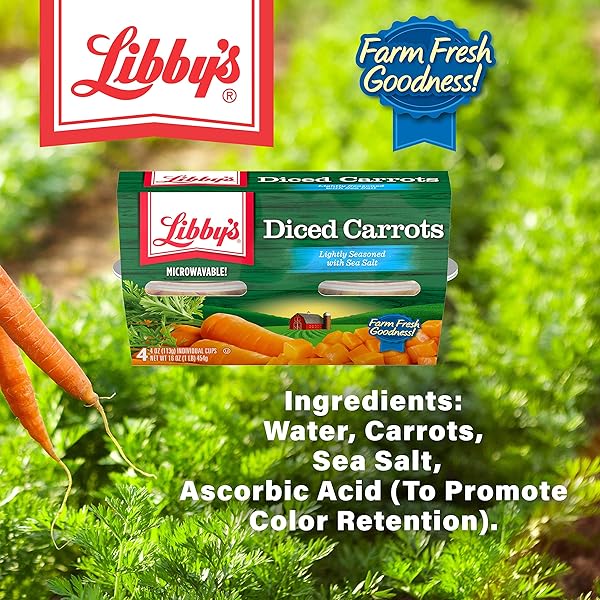 LIBBY’S DICED CARROTS | APPEALINGLY TENDER | FAINTLY SWEET & EARTHY FLAVOR | VIBRANT ORANGE SLICES | FARM FRESH GOODNESS | NO PRESERVATIVES | SIX 4-PACK SLEEVES OF 4.0 OZ CUPS (24 CUPS TOTAL)