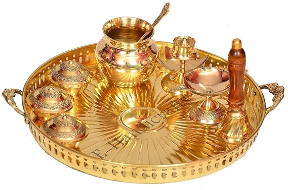 E-Handicrafts Brass Pooja Thali Set (Gold)
