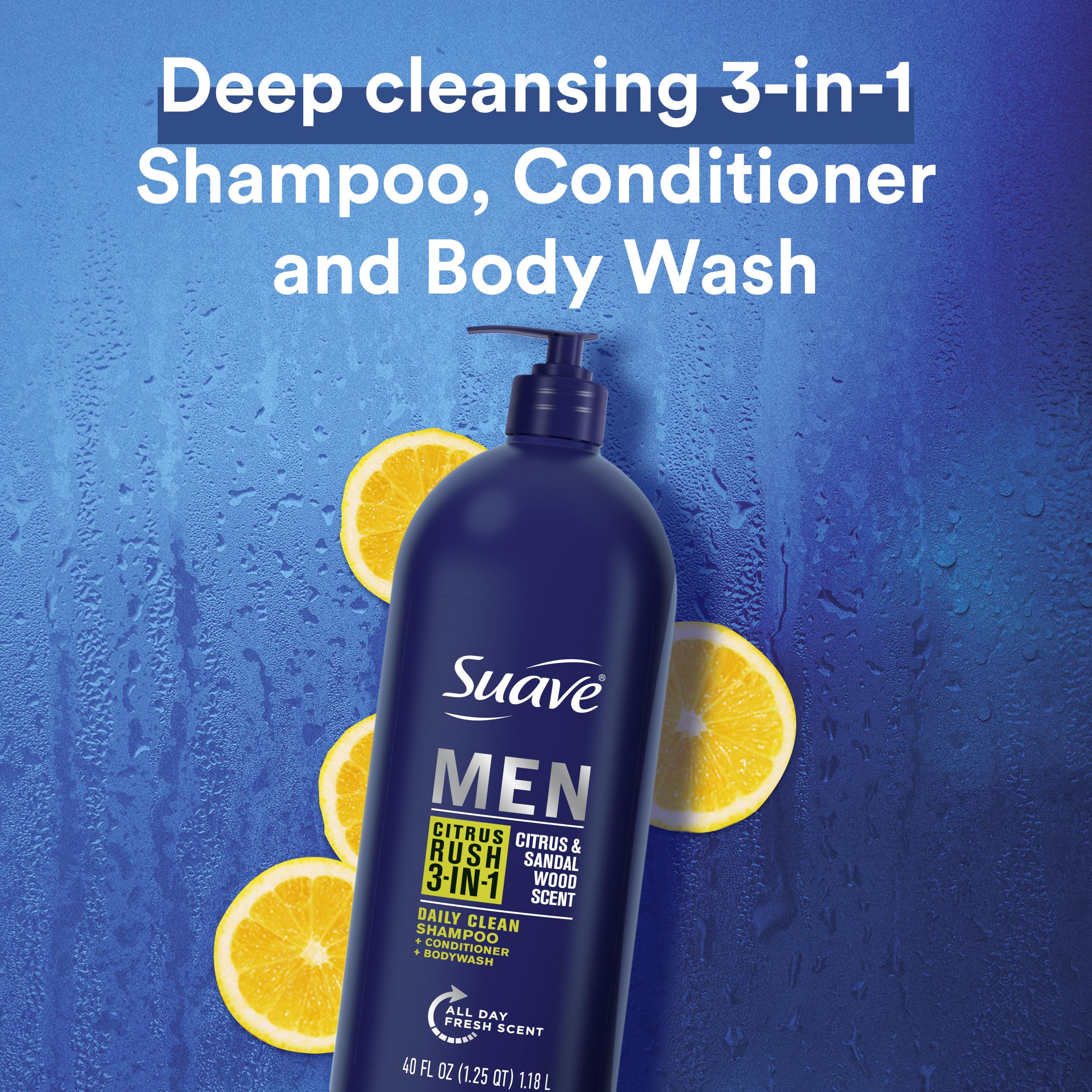 Suave Shampoo Conditioner Bodywash Men 3 in 1 Citrus & Sandal Wood to Cleanse and Nourish Hair and Skin, 40 oz Pack of 3