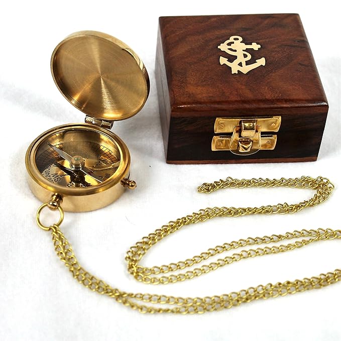 Kompass Messing mit Kette und Holzbox Messingkompaß