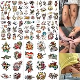 96PCS American Traditional Temporary Tattoos Adults Retro Fake Tattoos | Funny Old School Vintage Pirate Temp Tattoos for Men Women, Realistic Classic Wedding Party Decorations (20 Sheets)
