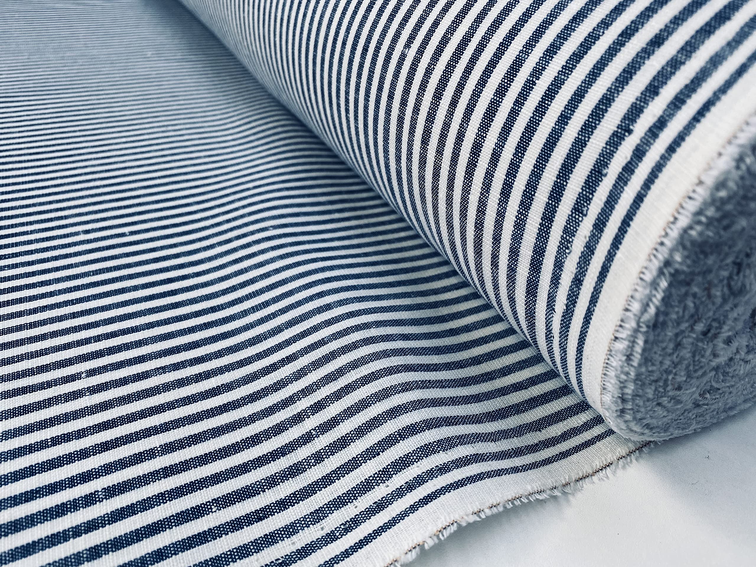 Candy Stripe Linen Fabric Light Cotton Material Cute Striped White Lines Home Decor, Dressmaking - 150cm Wide (Navy Blue (2 Metres))