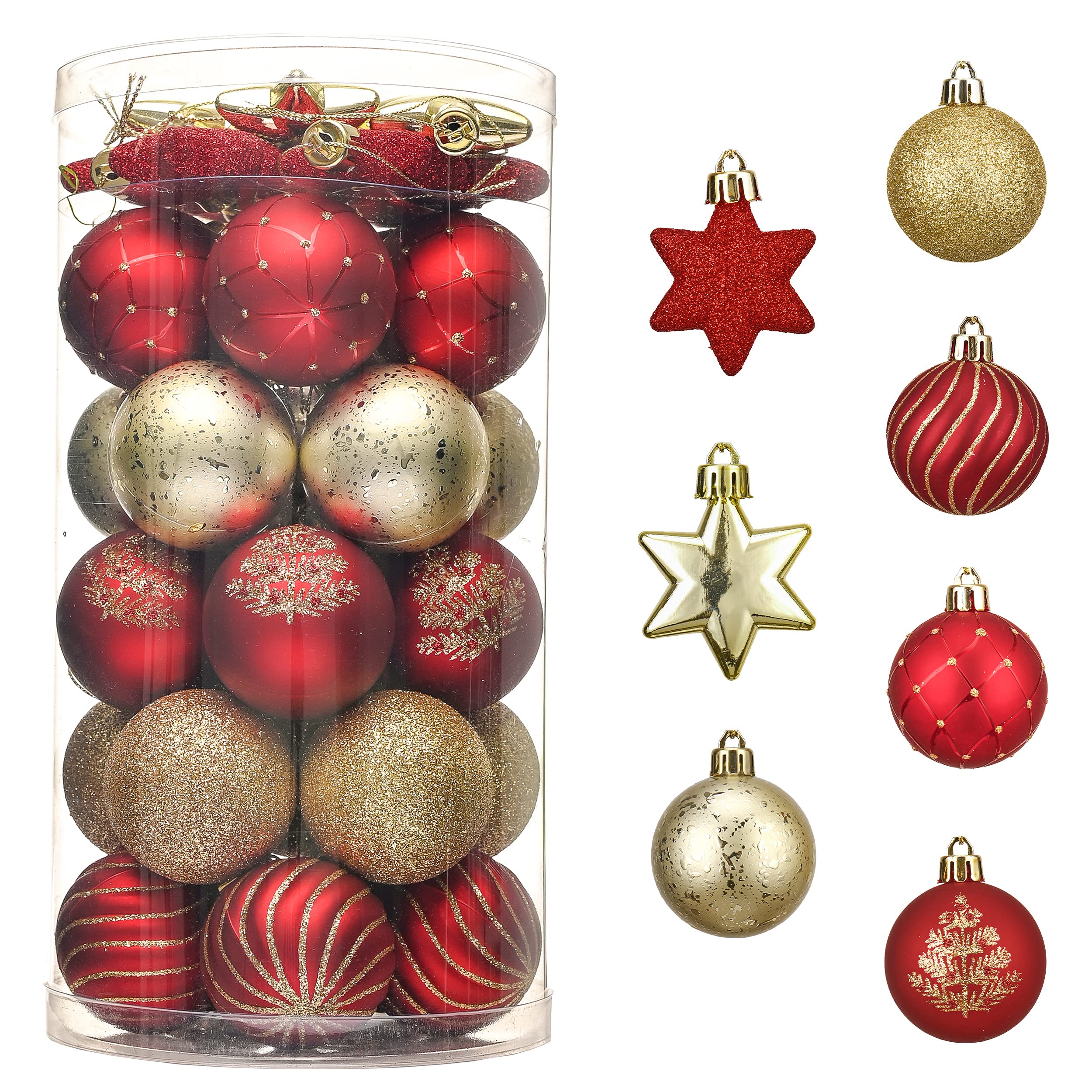 Valery Madelyn Christmas Tree Decorations Christmas Baubles Red Gold 35pcs 5cm Shatterproof Baubles for Tree Balls Ornaments for Traditional Xmas Decoration