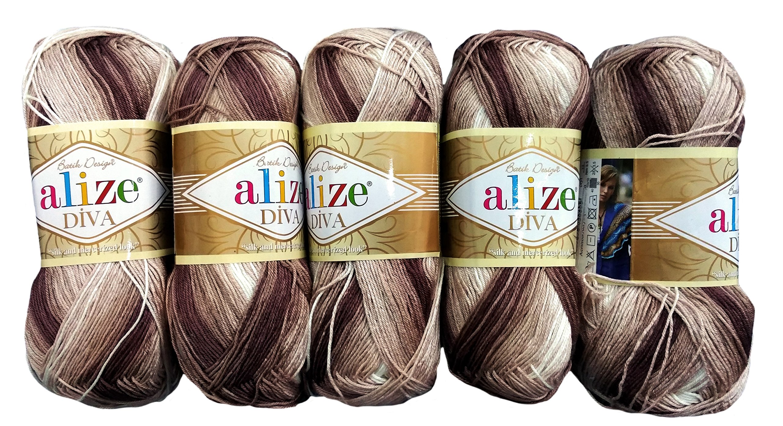 5 x 100 Grams Alize Batik Cotton Brown/Beige/White with Colours, No. 1815 500 Gram Mercerised Wool Knit