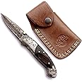 WolfKlinge Handmade Damascus Folding Pocket Knife - Premium EDC, Hunting, Survival, Camping & Fishing Tool with Full Tang Micarta Handle & Cowhide Leather Sheath - Perfect for Men & Women-DCF97 - Fireball)