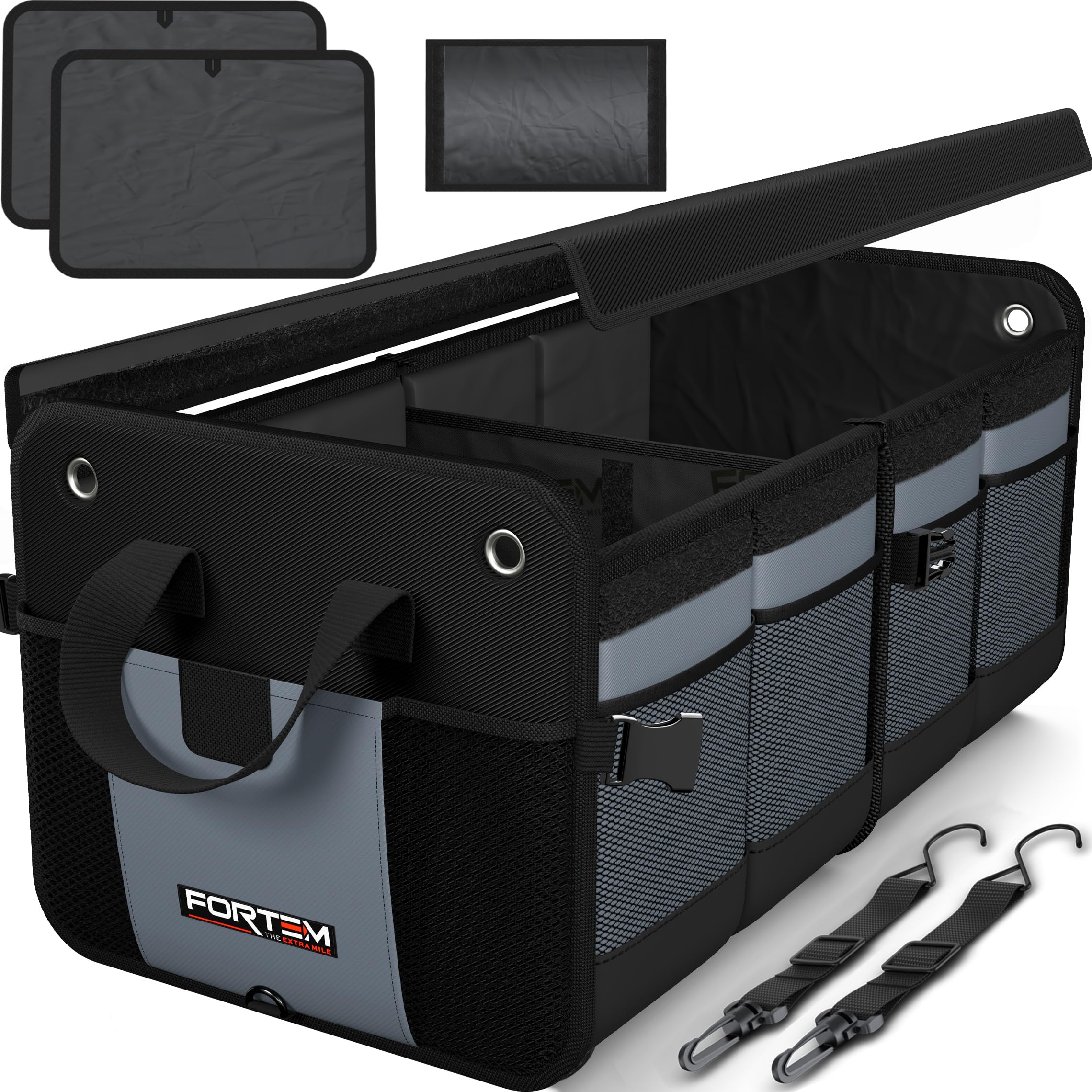 FORTEM Car Boot Organiser, SUV Boot Tidy, Trunk Storage, Collapsible Multi Compartment Car Organiser, Non Slip Bottom, Adjustable Securing Straps, Foldable Cover (65L)