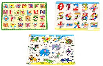 CrazyCrafts Wooden Educational Colorful Alphabet, Numbers, Animals, Puzzle Board (Multicolour) - Set of 3