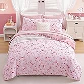 AMBERSPACE Twin XL Comforter Set for Girls, Red Bow Bedding Set Reversible with Cute Heart, All Season Kids Dorm Bed in a Bag 5 Pieces with Sheets, Pillowcase & Sham