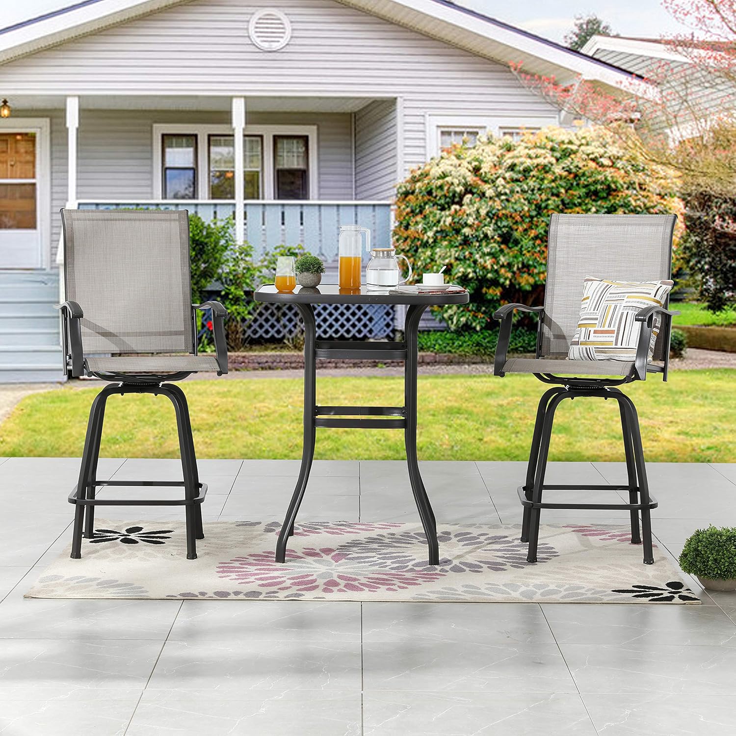 LOKATSE HOME 3 Pcs Bar Stools Set 2 High Swivel Chairs and 1 Height Outdoor Bistro Table, Patio Furniture, Grey Tesling Fabric: Garden & Outdoor