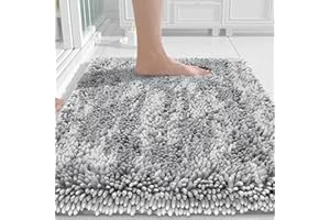 Yimobra Chenille Bathroom Rugs Non Slip, Extra Thick Soft Absorbent Bath Rug, Machine Washable Quick Dry Bath Mat for Bathroom Floor, Tub and Shower, Home Decor Accessories, 24x17, Light Grey