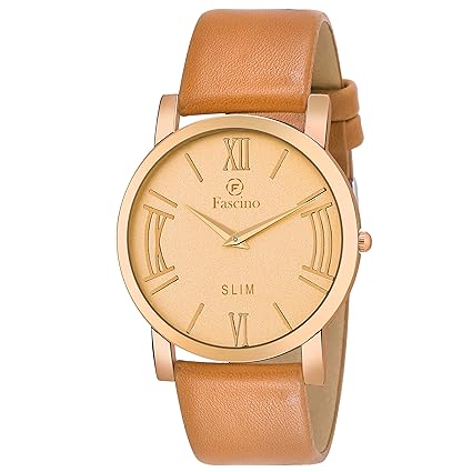 Fascino Mens Watches - Analog Round Copper Dial Slim Watch with Leather Belt | FCW 1296-CP