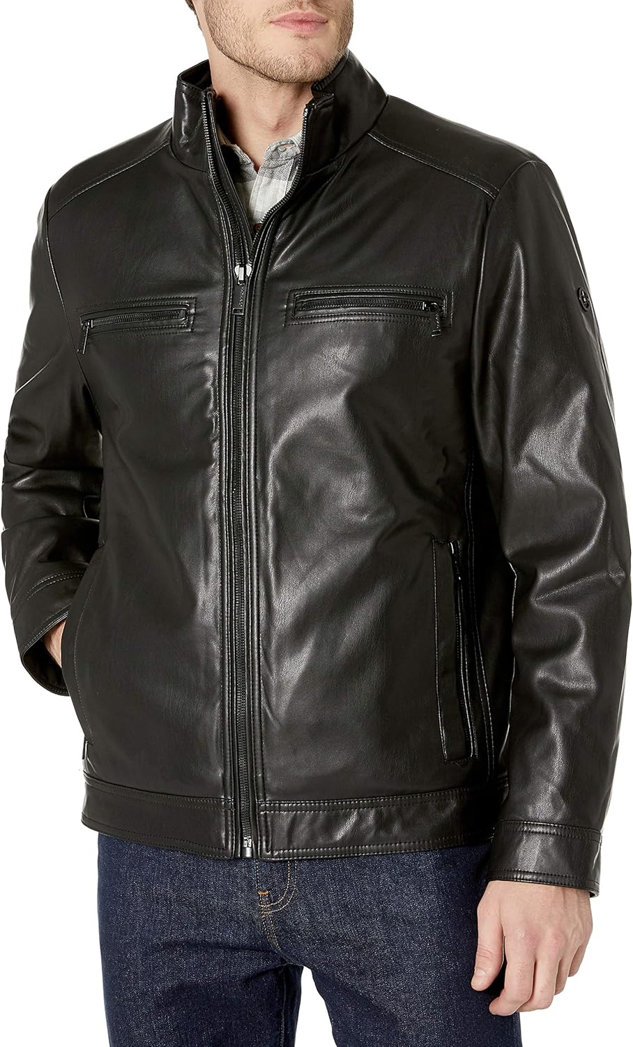 calvin klein men's faux shearling lined leather moto jacket