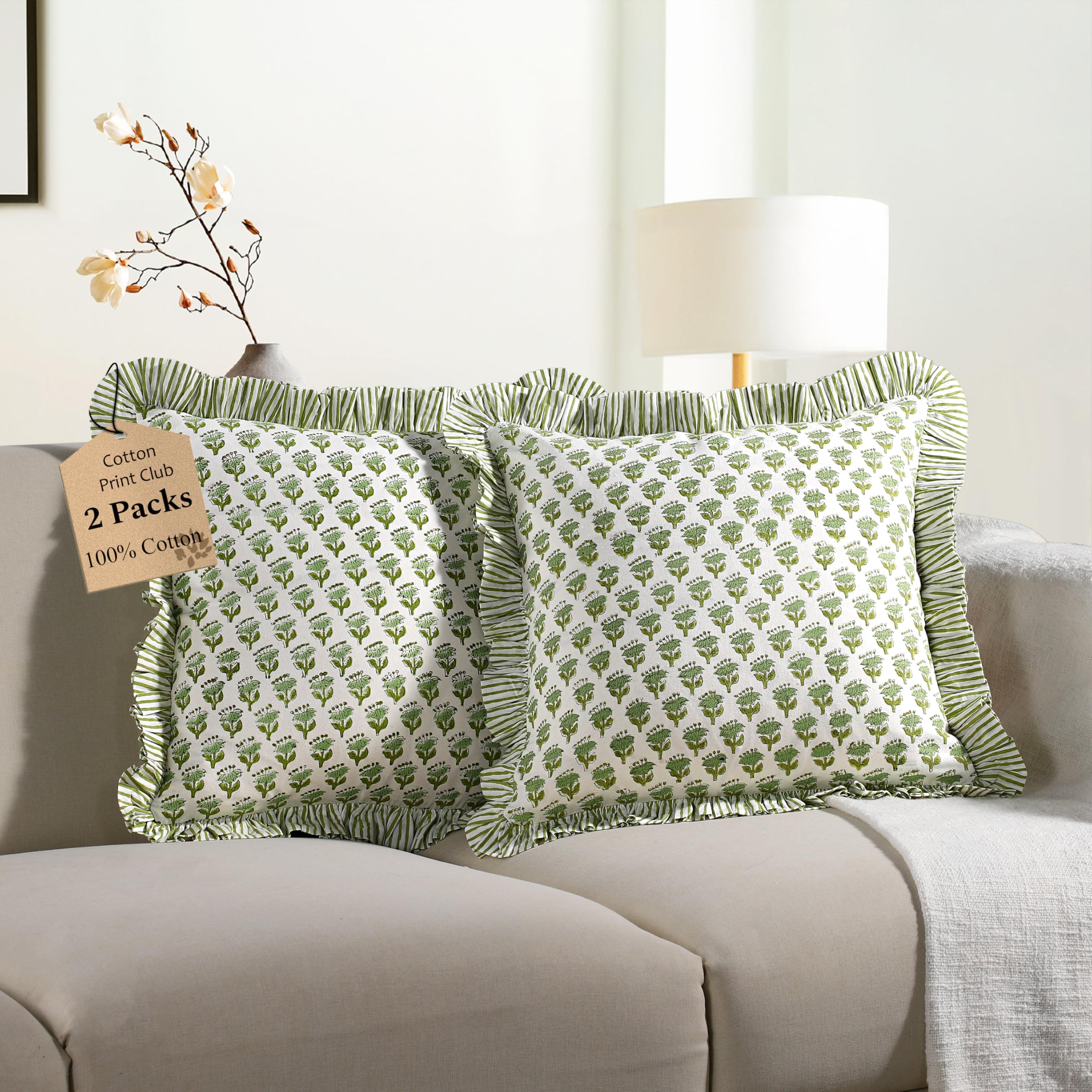 Photo 1 of CPC Emerald Green Ruffle Throw Pillow Covers for Couch, 20x20 Inch Cotton Stripe Ruffle Couch Pillows for Living Room, Hidden 16 Inch Zipper Boho Pillow Case or Cute Outdoor Pillows