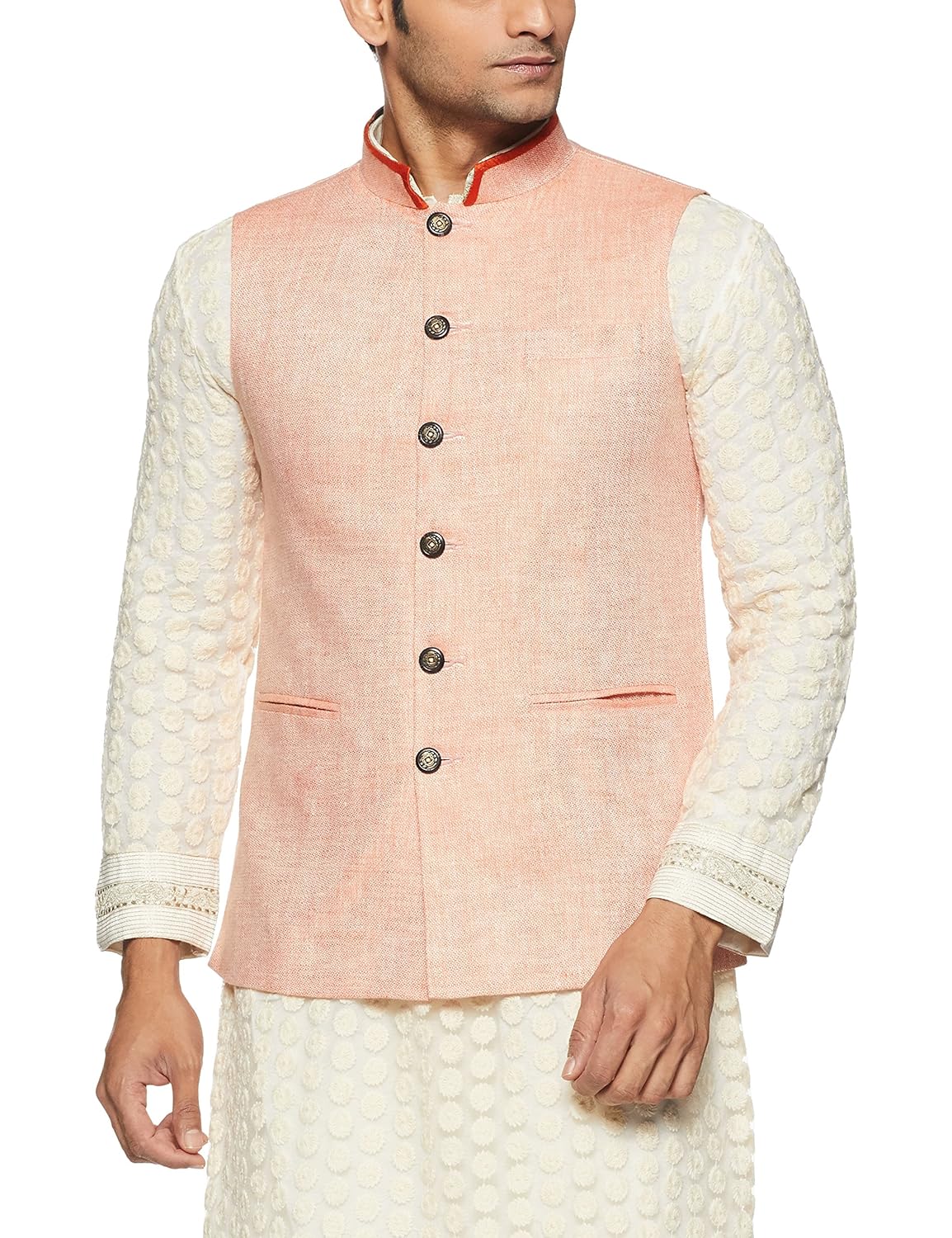 manu men's banded collar art silk waist coat