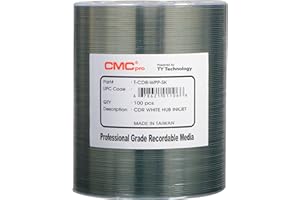 CMC Pro CD-R 80Min/700MB 52X White Hub Inkjet Printable Surface, No Stacking Ring Surface 100pcs Bulk Clear Wrap