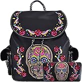 Sugar Skull Day of the Dead Backpack Purse Set,Vegan Leather Skull Handbag with Matching Wallet,Gothic Punk Rose Design for Women,Mini Backpack and Crossbody Wristlet for Party Travel Biker Daily Use