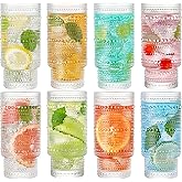 wookgreat Drinking Glasses, 8 pcs Embossed Designed Glass Cups, 16oz Highball Glasses, Ripple Vintage Glassware, Ribbed Glasses, Striped Glasses, Iced Coffee Glasses for Cocktail, Whiskey, Juice