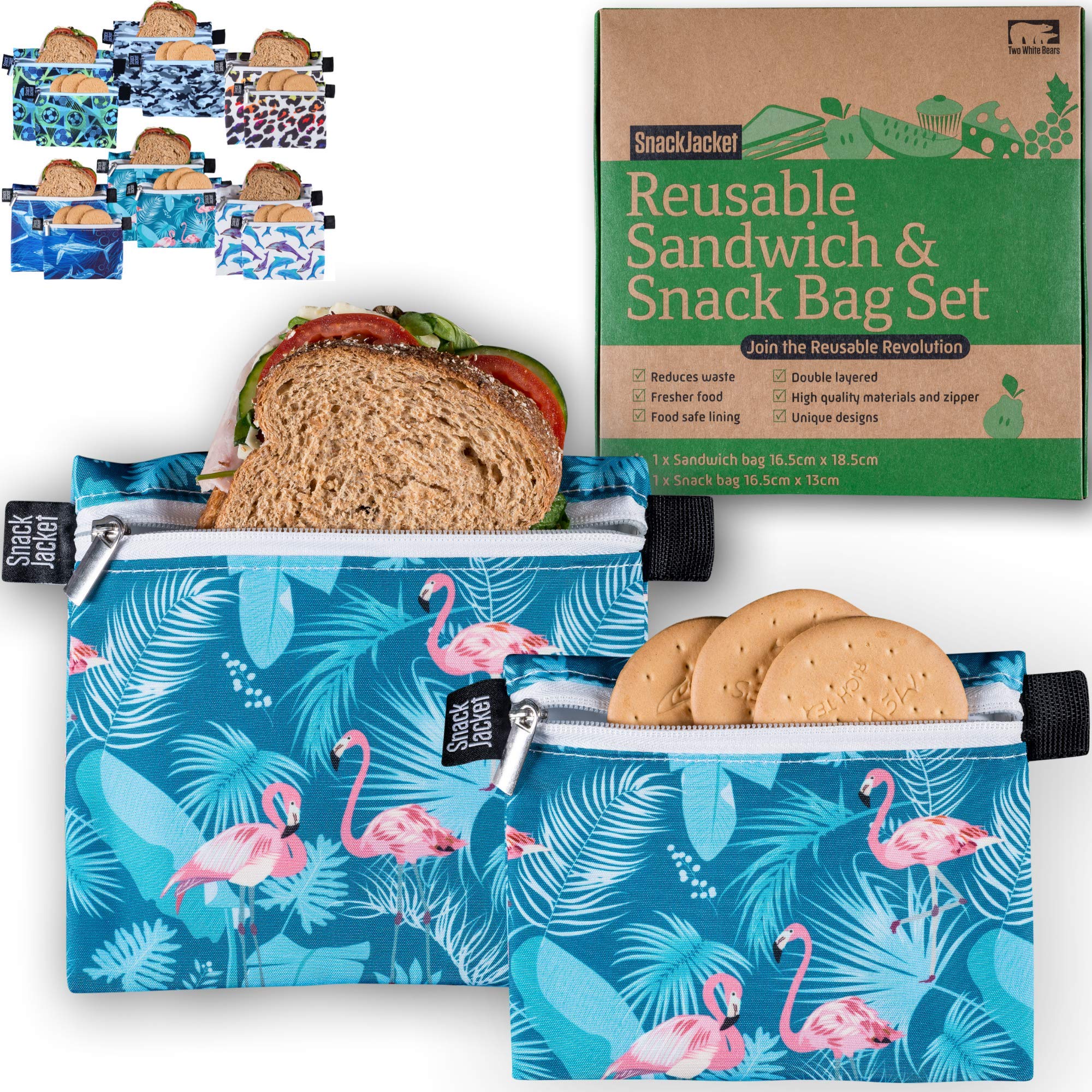Reusable Sandwich & Snack Bags - by SnackJacket | Set of 2 | Eco Friendly Lunch Bags | 1 Tree Planted | Zero Waste Alternative to Plastic, Cling Film and Tin Foil. (Flamingos)