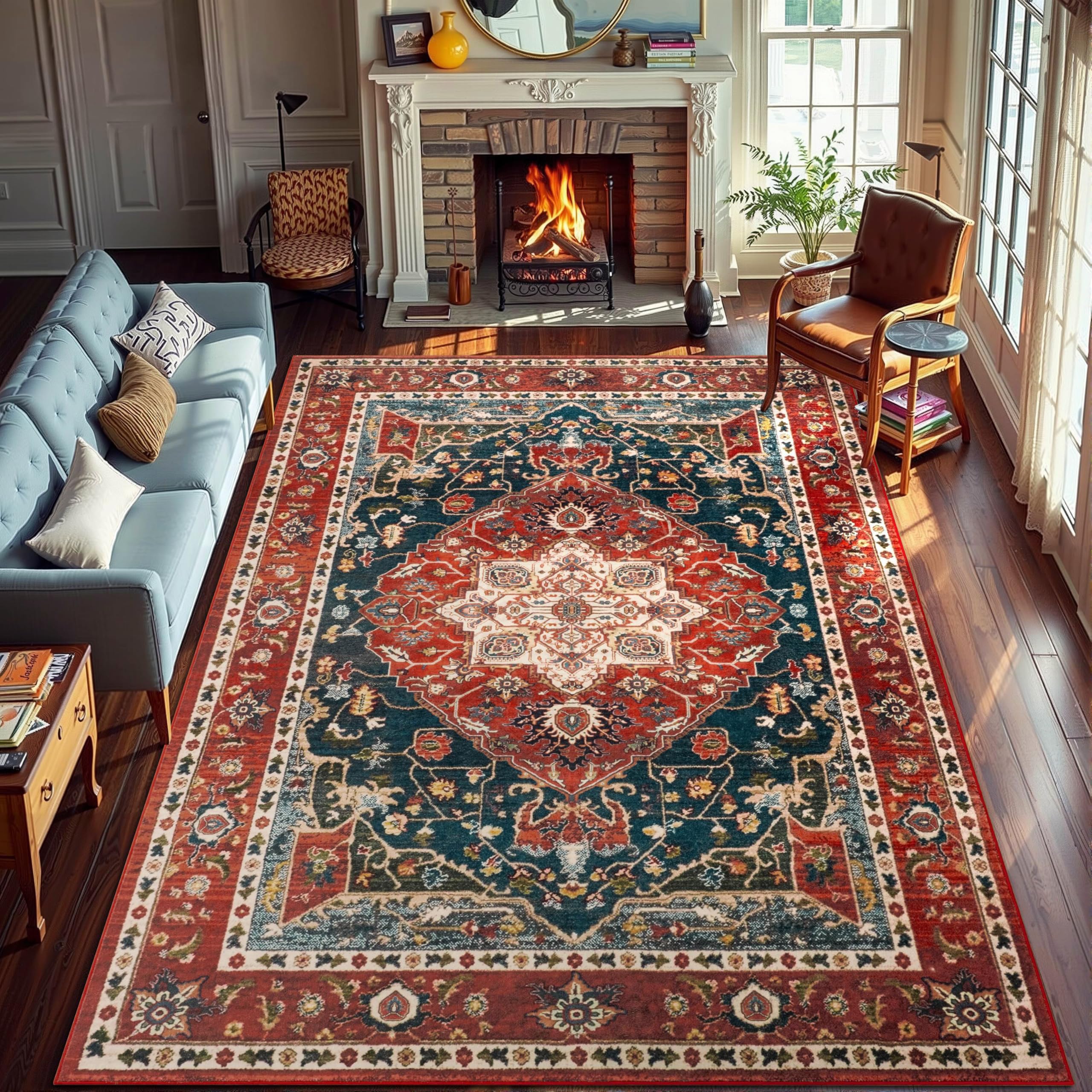 Photo 1 of YJ.GWL Area Rugs for Living Room 6x9 Machine Washable Rugs, Non Slip Floral Vintage Rug Indoor Carpet, Stain Resistant Large Rug for Bedroom Dining Room, Orange-Red