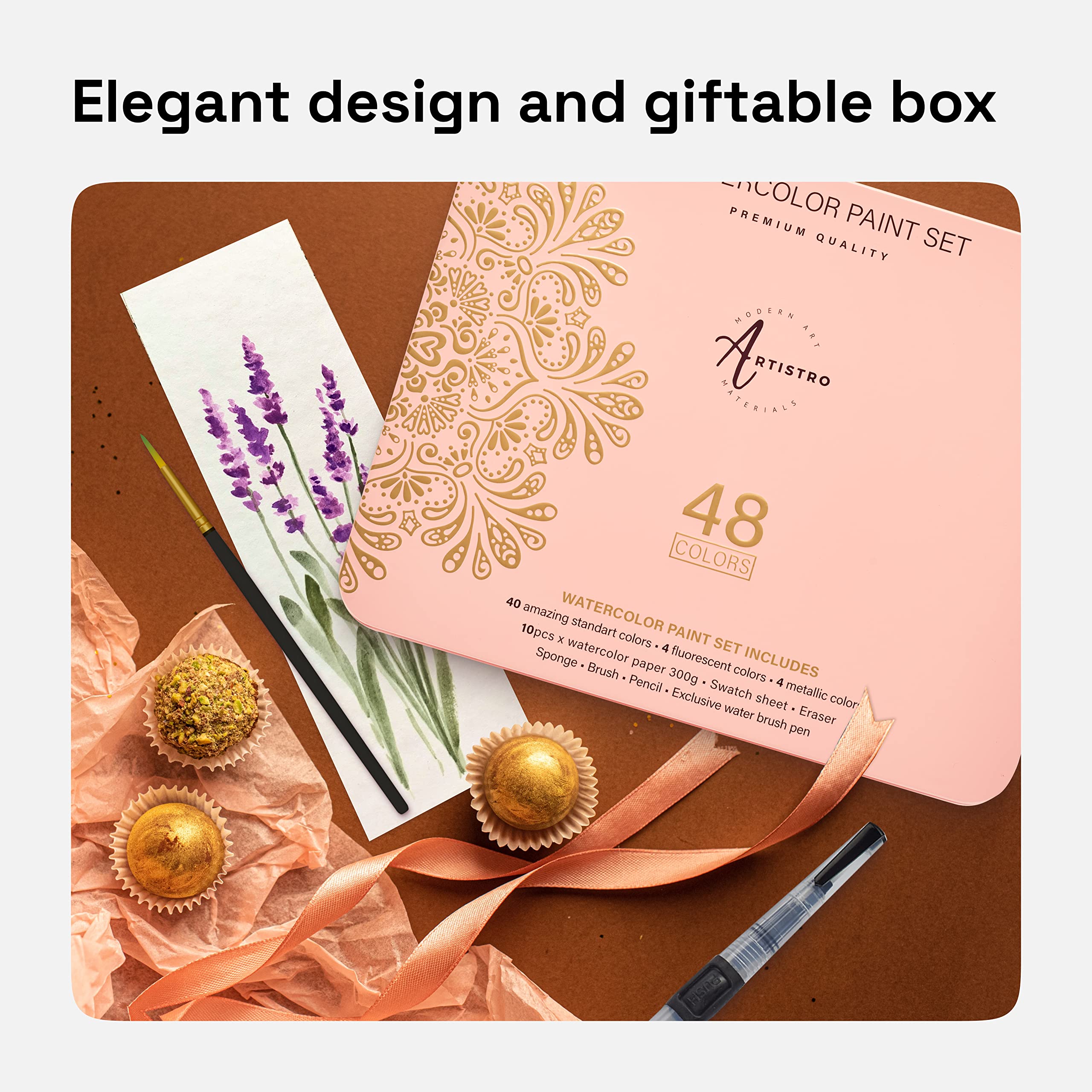 ARTISTRO Watercolor Paint Set – 48 Vivid Colors in Portable Box, Including Metallic & Fluorescent Shades – Travel Art Kit for Artists, Hobbyists & Painting Lovers (Premium Home)