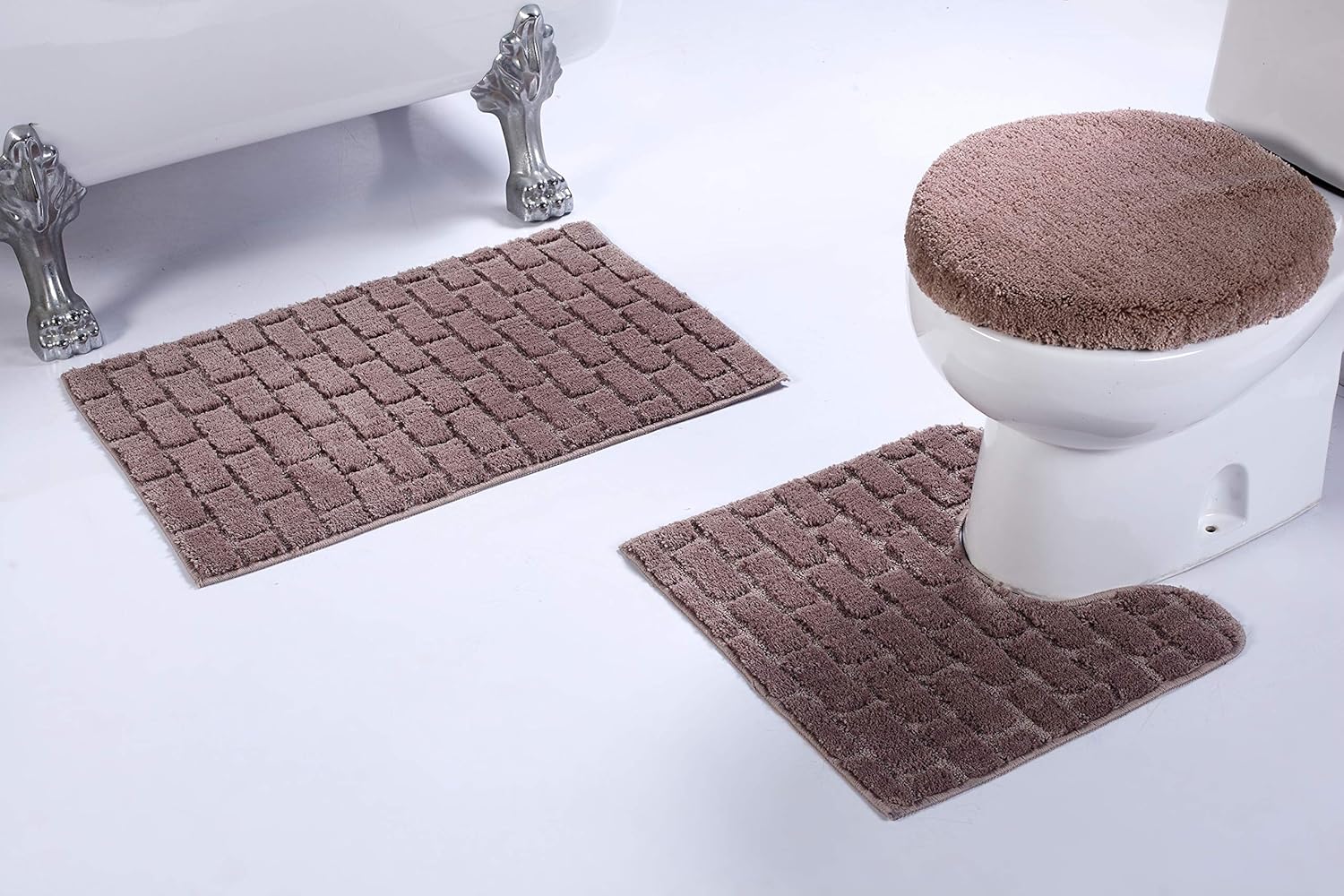3pc Brick Pattern Taupe Non Slip Bath Rug Set for Bathroom
