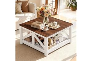 YESHOMY Farmhouse Square Coffee Table with Storage, Rustic Wood Centerpiece for Living Room, Features a Half-Open Shelf for Magazines & Remotes, Family Nights & Home Office, Brown and White