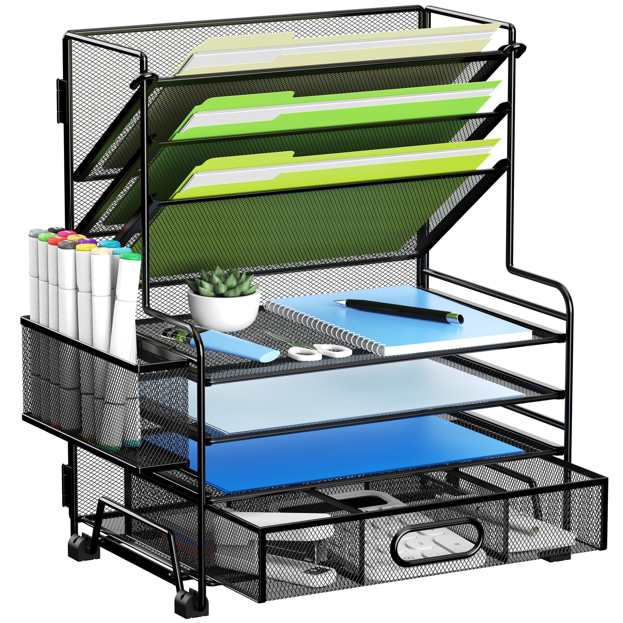 Photo 1 of MINDEPOT 4-Tier Paper Organizer + 3-Pocket File Holder + Drawer + Pen Holders, Desktop File Organizers Paper Tray for Office Accessories School Classroom Organization (Black)