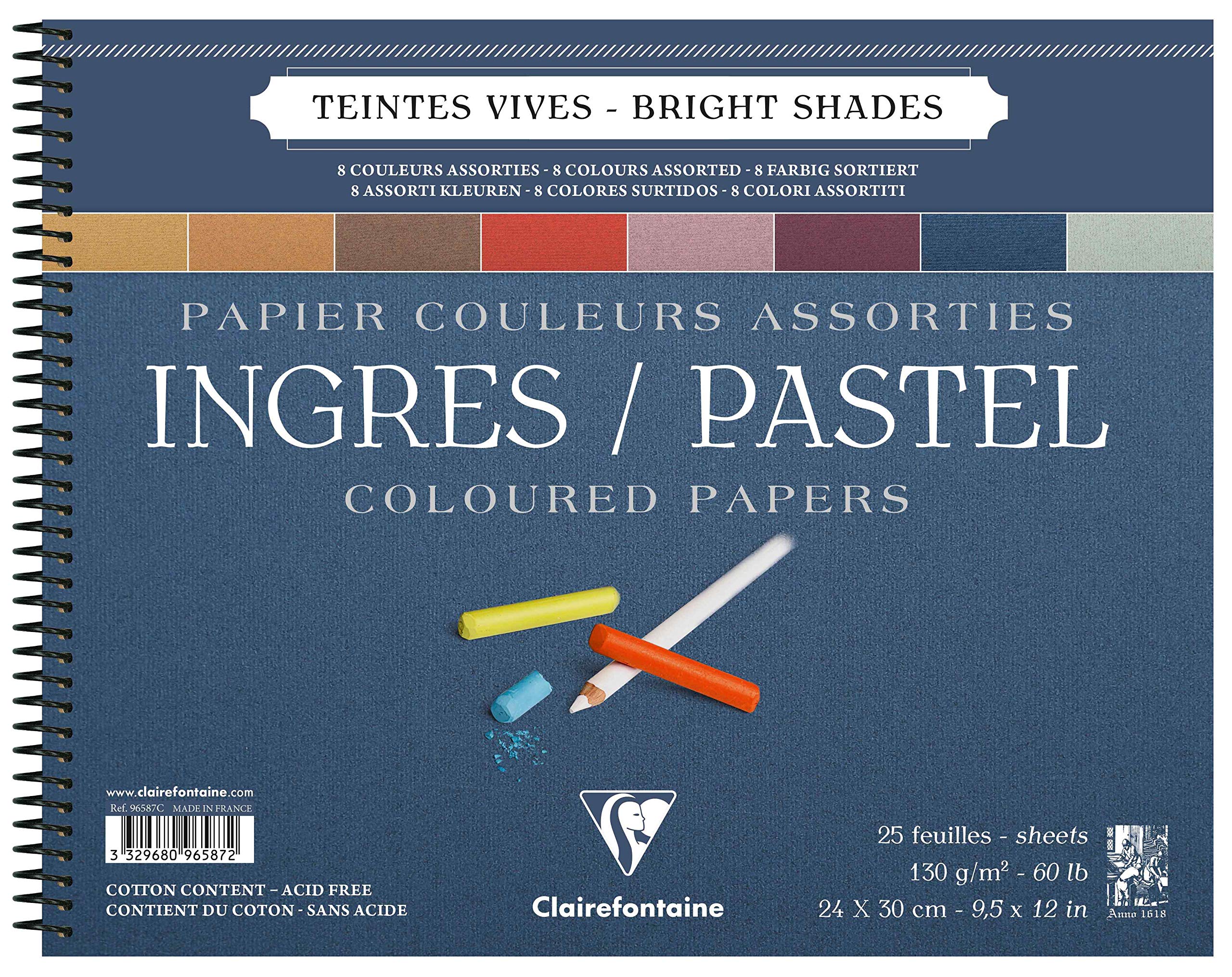 Clairefontaine - Ref 96587C - Ingres Pastel Colour Wirebound Pad (25 Sheets) - 24 x 30cm Size, Cotton Content, Acid Free, 130gsm Paper - Assorted Bright Colours