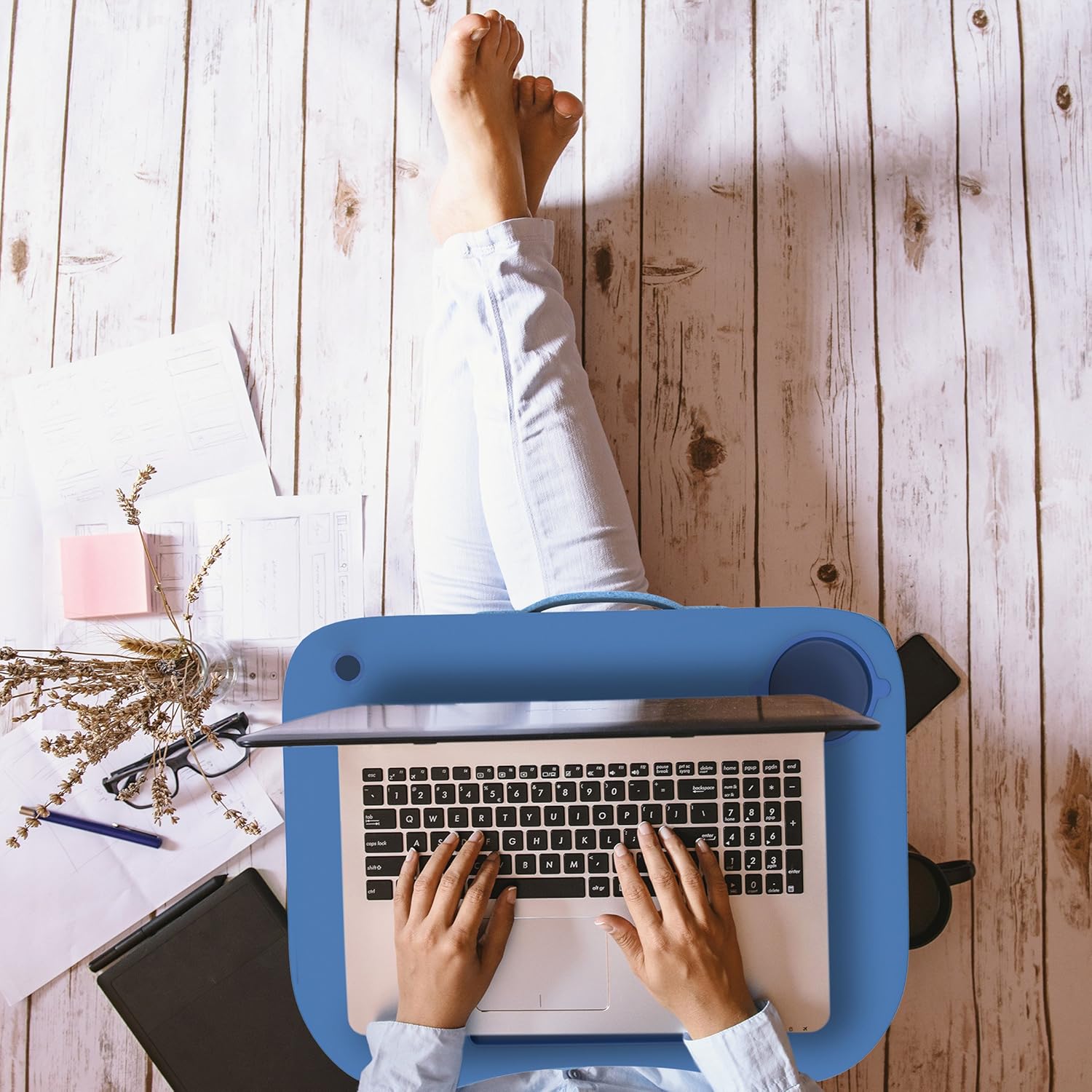 Laptop Lap Desk, Portable with Foam Filled Fleece Cushion, LED Desk Light, Cup Holder-for Homework, Drawing, Reading and More by Lavish Home (Blue): Computers & Accessories