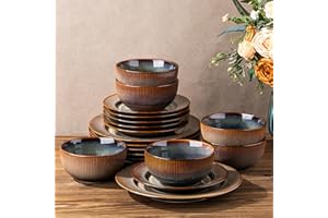 TheTerra Stoneware Dinnerware Sets for 6, 18 Pieces Ceramic Lightweight Plates and Bowls Sets, Scratch Resistant Embossed Dis
