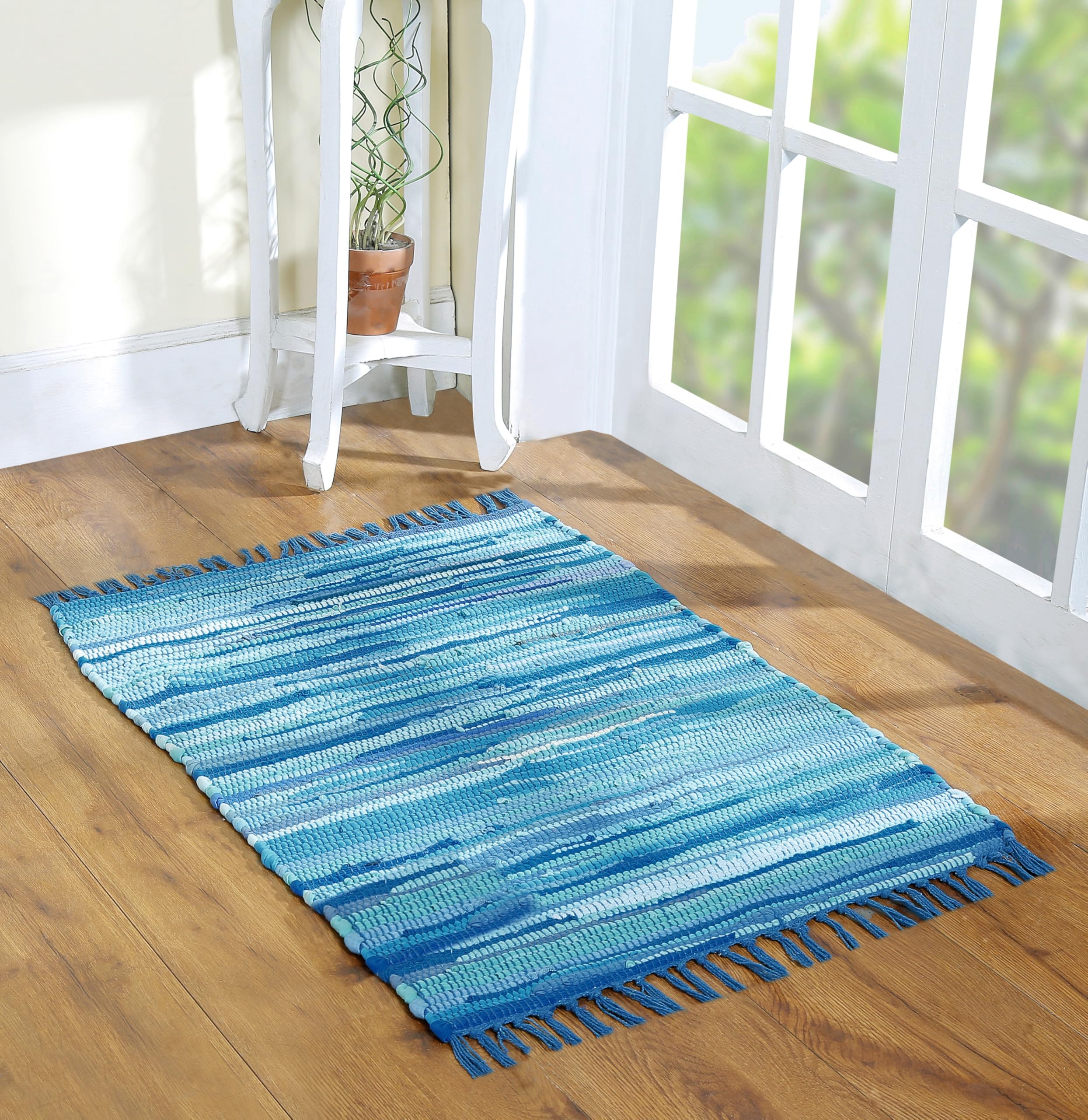 Photo 1 of Cotton Rag Rug 24x36'' | 2x3' Multicolor Area Rugs- Hand Woven Washable & Reversible for Living Room Kitchen Entryway Throw Rug with Tassel (Aqua)