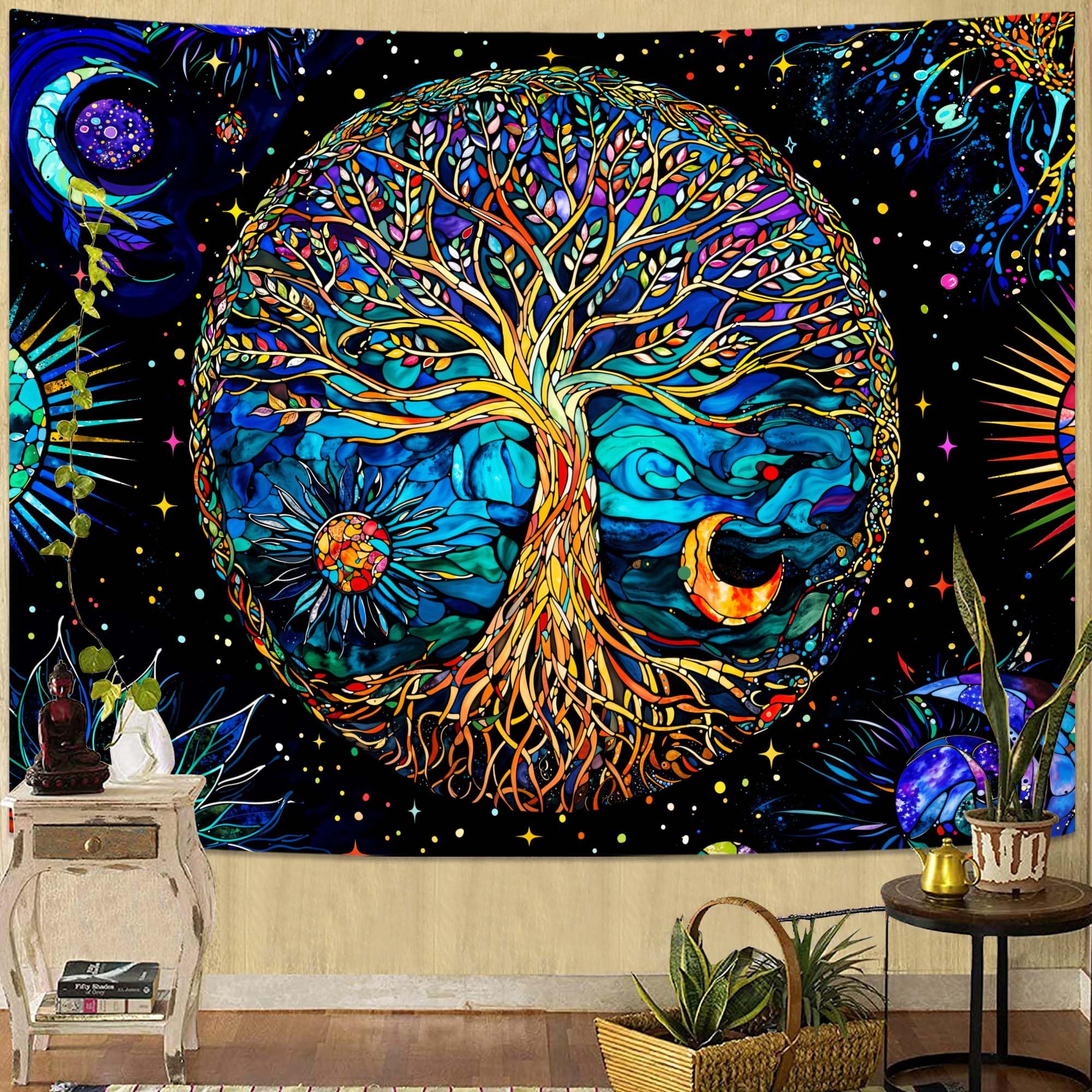 Photo 1 of Spenlife Stained Glass Tree of Life Tapestry Fantasy Tapestry for Bedroom Colorful Tapestries Wall Hanging Bedroom Living Room Wall Art and Home Decor 44x60