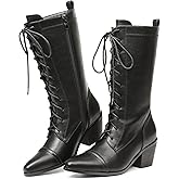 SaraIris Women's Black Mid Calf Boots Lace Up Chunky Heel Vintage Combat Heeled Dress Casual Boots