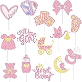 24Pcs It's A Girl Baby Shower Cupcake Toppers Pink Glitter Pacifier Onesie Jumpsuit Cupcake Toppers Oh Baby Party Cake Decorations for Sweet Baby Party Gender Reveal Supplies
