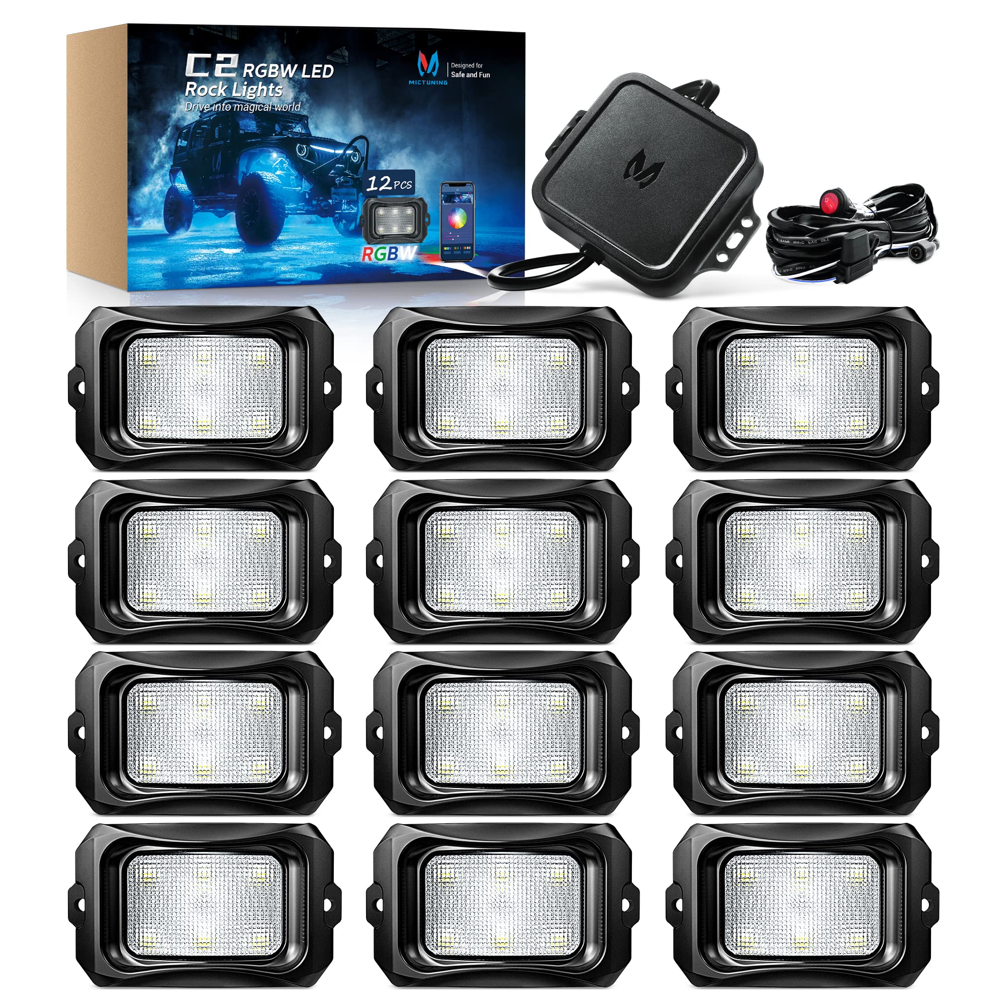 Photo 1 of MICTUNING C2 Curved RGBW LED Rock Lights - 12 Pods Underglow Multicolor Neon Light with Wiring Switch Kit, Bluetooth Controller with APP Control