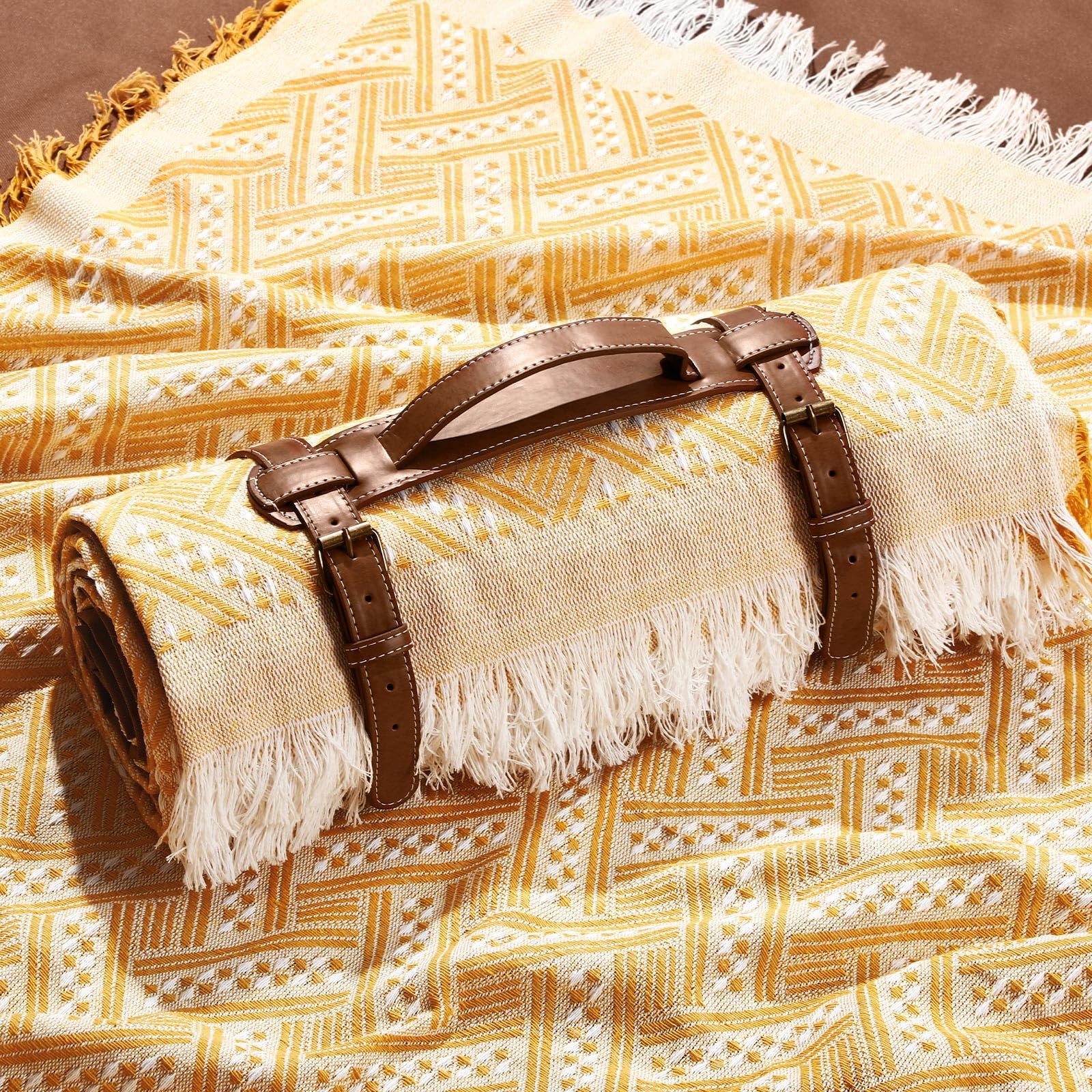 Photo 1 of VitalCozy Waterproof Picnic Blankets 71×71 inch Outdoor Blanket Foldable 2 in 1 Double Layer Sandproof Beach Mat with Carry Strap for Camping Lawn Park Beach Grass(Yellow)